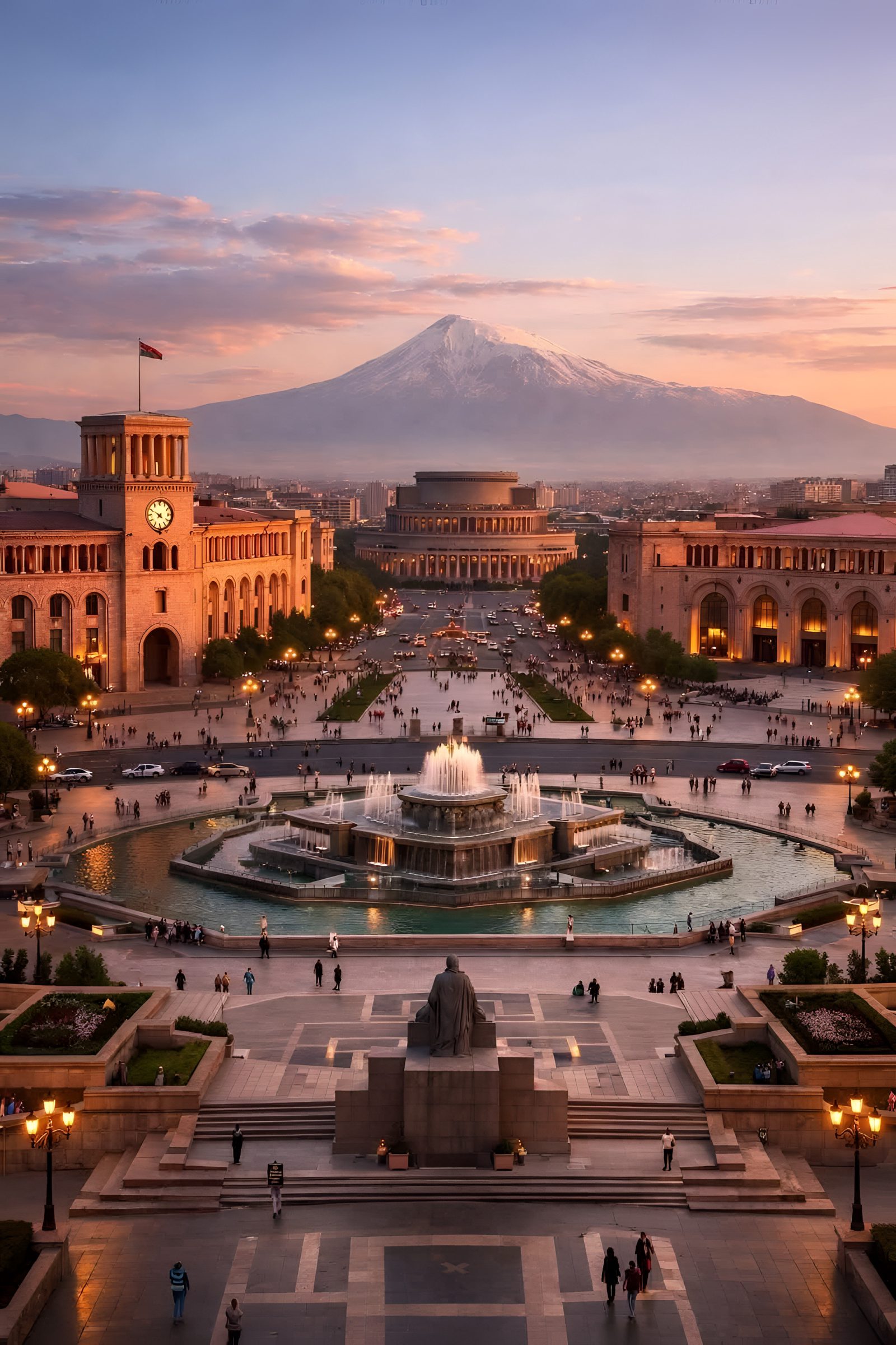 Republic Square in Yerevan at dusk