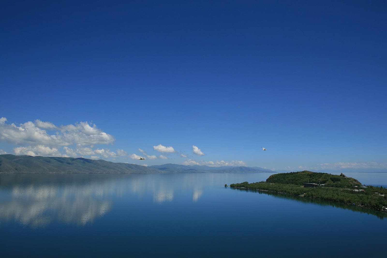 Calm blue Lake Sevan and the Sevan Peninsula