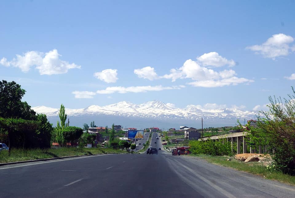 Highway from Yerevan towards Ashtarak with snow-capped Mount Aragats ahead